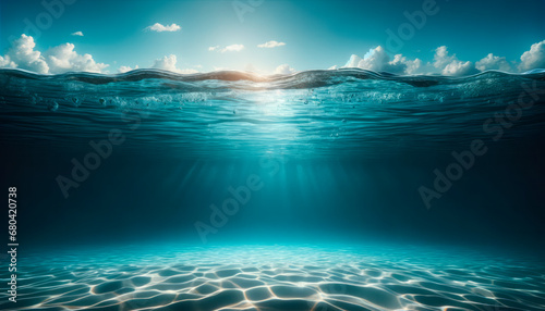 Calm underwater scene with sunrays reaching the seabed. Peaceful ocean background. Depth exploration concept. Generative AI photo