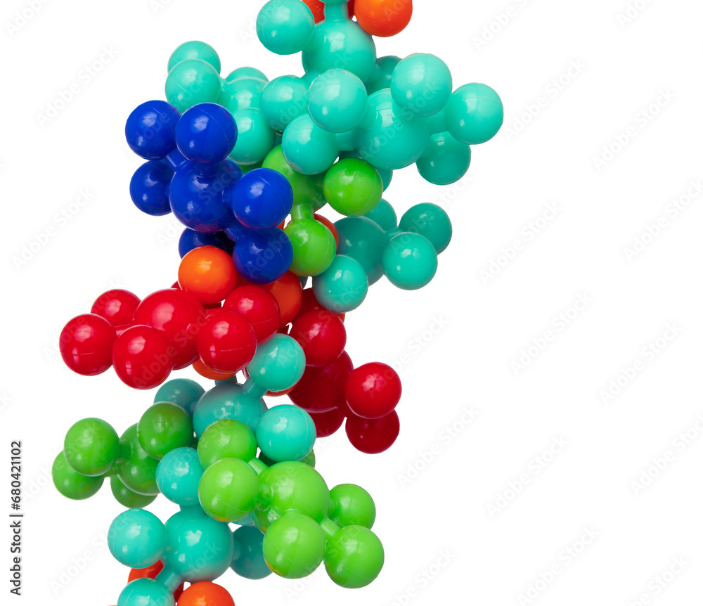 Plastic model of chemical elements of protein molecules, isolated on white background, close up Plastic model of chemical elements of protein molecules, isolated on white background, close up