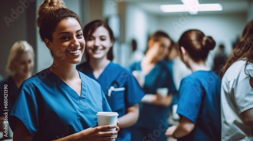 Female doctors drinking coffee while with colleagues in the background