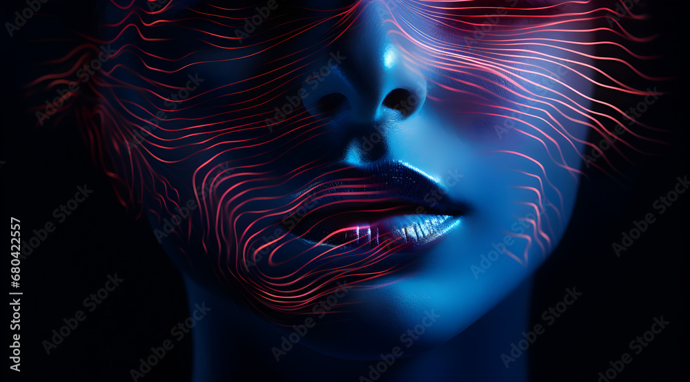 A detail of a woman's face with a glowing neon aura. A detail of a woman's face with a glowing neon aura.