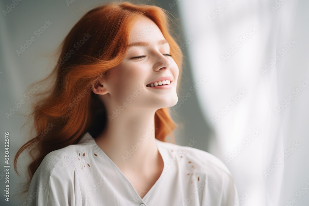 Close-Up Portrait of a Beautiful Fictional Irish Lady Smiling Candidly. Generative AI. Close-Up Portrait of a Beautiful Fictional Irish Lady Smiling Candidly. Generative AI.