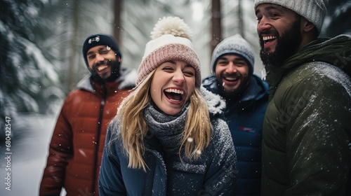 group of friends travel together in winter nature trail coniferous woods, happy and fun laughing together, Generative Ai
