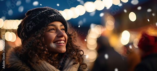 happy Mexican woman closeup portrait smiling at Christmas festival at night time with bokeh light, winter fun fair happiness time, Generative Ai photo