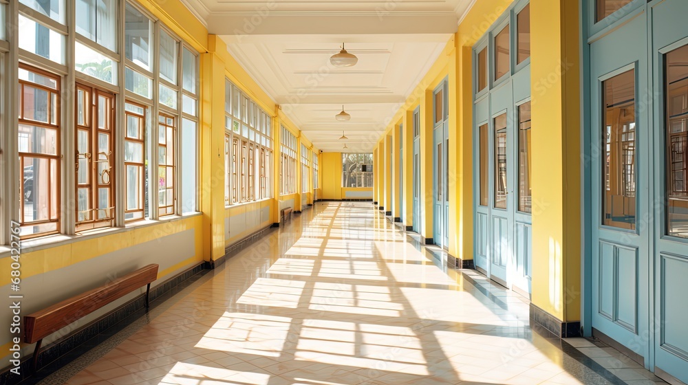 long corridor way with sunlight shine through windows, Generative Ai long corridor way with sunlight shine through windows, Generative Ai