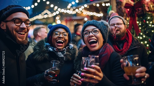 group of men and women travel together attend winter festival at night time, fun and happy time with bokeh light, divers people friendship, Generative Ai