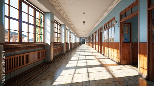 long corridor way with sunlight shine through windows, Generative Ai