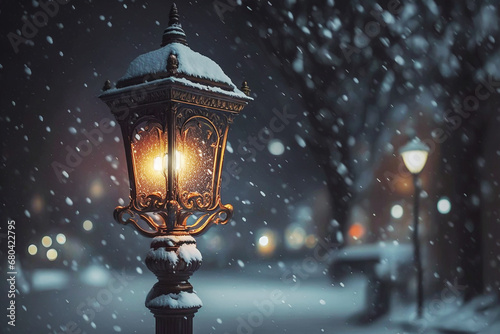 Illuminated street lantern in the park under the falling snow. Winter landscape. Generative AI	 photo