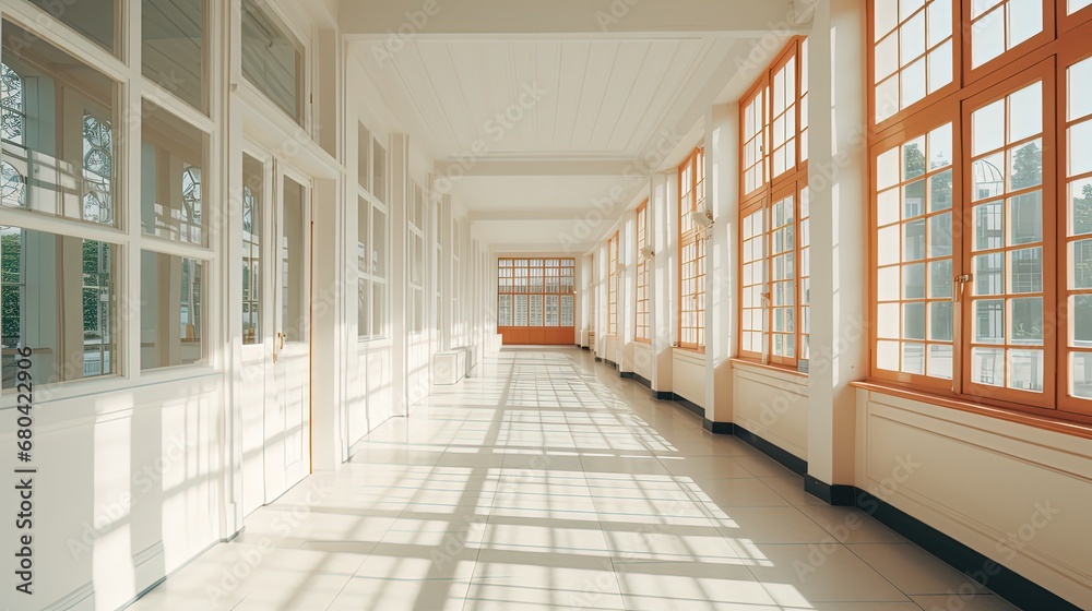 long corridor way with sunlight shine through windows, Generative Ai long corridor way with sunlight shine through windows, Generative Ai