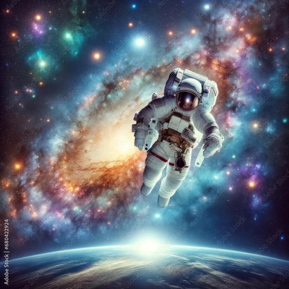 A relaxed astronaut floats in the vastness of space with a colorful galaxy as the backdrop A relaxed astronaut floats in the vastness of space with a colorful galaxy as the backdrop