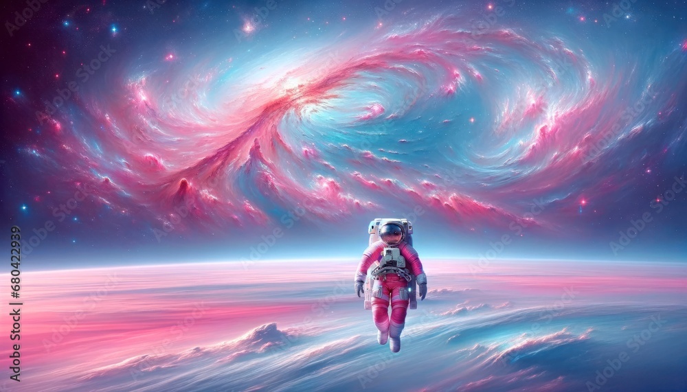 An astronaut hovers before a swirling pink nebula, creating an ethereal scene in space An astronaut hovers before a swirling pink nebula, creating an ethereal scene in space