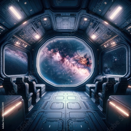 Breathtaking starscape visible from a spacious and modern spaceship hall with dark ambiance