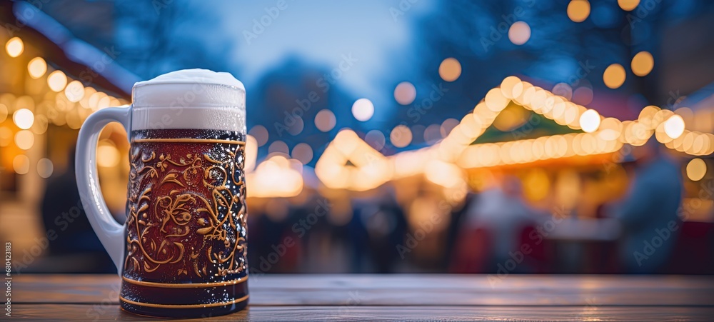 close up beer mug on table with winter faun fair bokeh light as background, Generative Ai - obrazy, fototapety, plakaty 