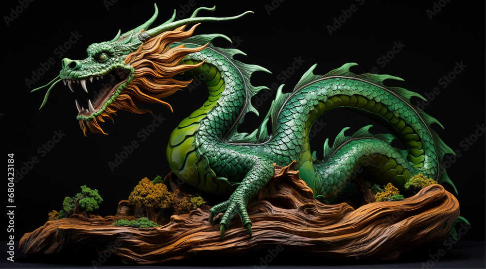 Fototapeta premium green dragon on a wooden log, 2024 New Year dragon symbol Chinese New Year