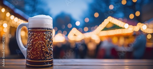 close up beer mug on table with winter faun fair bokeh light as background, Generative Ai