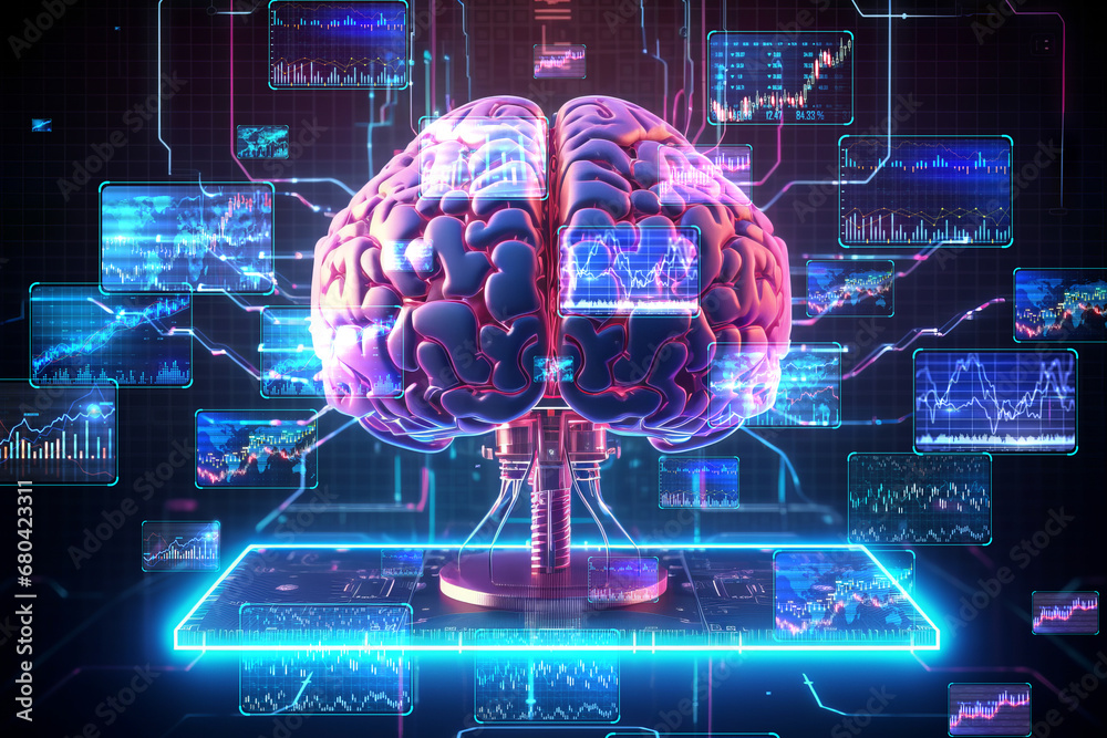 Fototapeta premium brain with integrated financial screens. Generative AI
