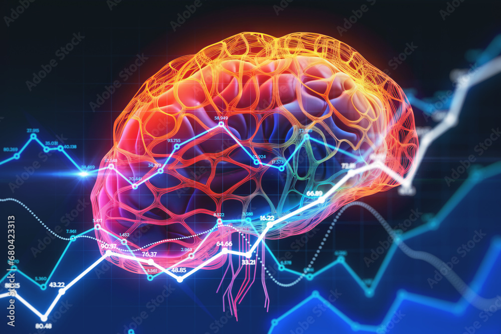 Brain anatomy with financial data overlay. Generative AI - obrazy, fototapety, plakaty 