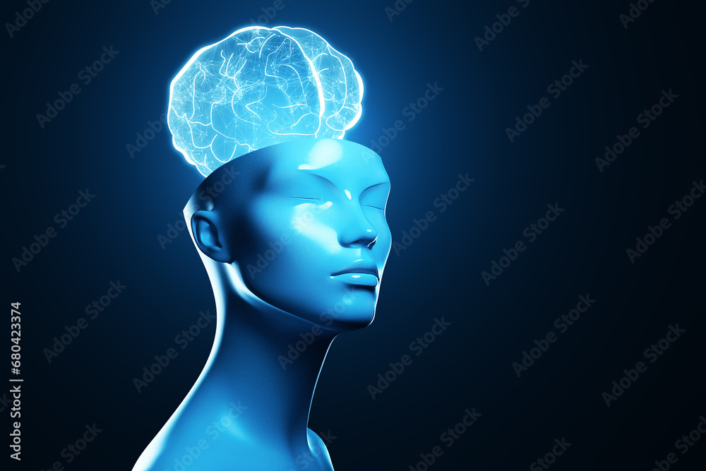 Obraz premium Blue mannequin head with glowing brain model, Generative AI