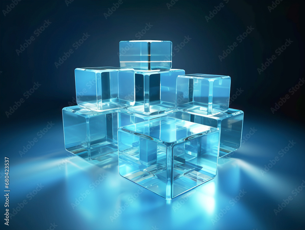 Transparent ice cubes in blue light, creating a sense of digital coldness. Generative AI Transparent ice cubes in blue light, creating a sense of digital coldness. Generative AI