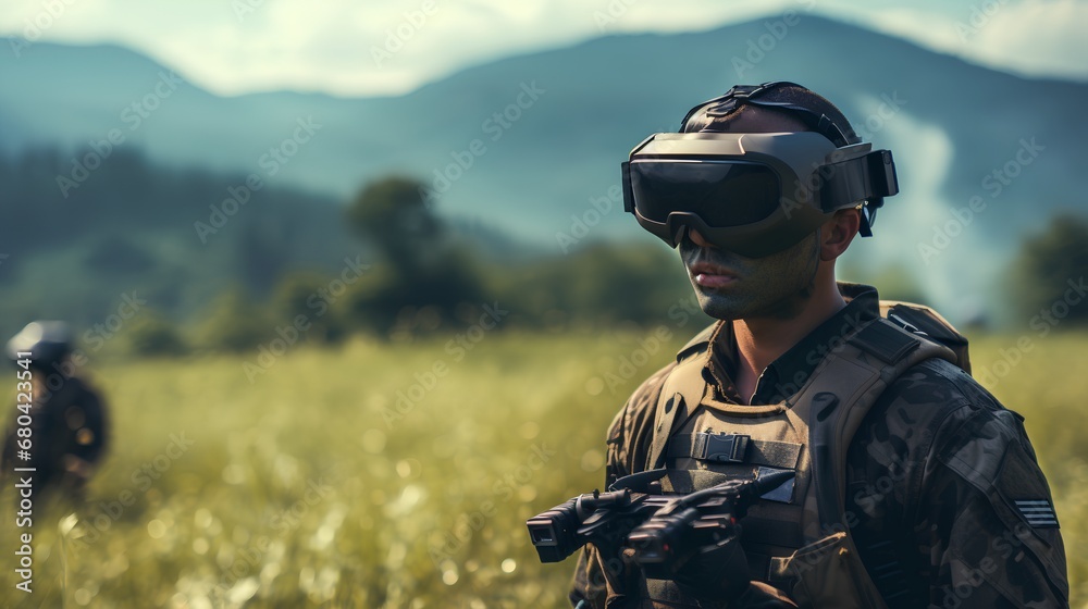 A soldier in camouflage gear uses advanced virtual reality (VR) glasses to remotely control a military drone for a distant, strategic mission, showcasing modern warfare technology.