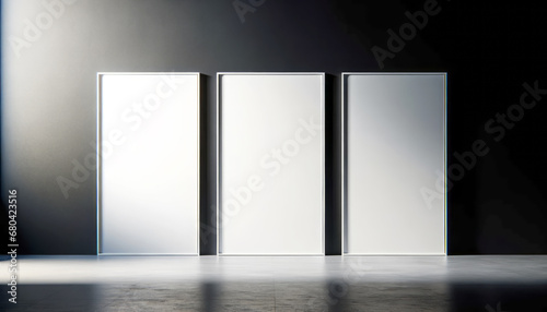 Contemporary gallery room with three empty canvases and dramatic lighting. Art display concept. Generative AI