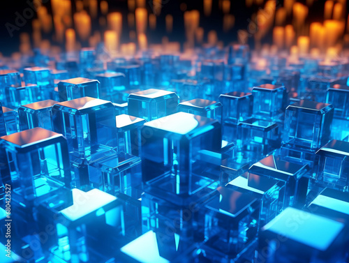 Blue crystalline cubes rising like skyscrapers. Futuristic city concept on dark background. Generative AI