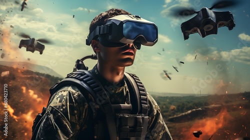 A hightech military drone piloted by a focused soldier wearing advanced virtual reality (VR) glasses, engaged in a critical mission.