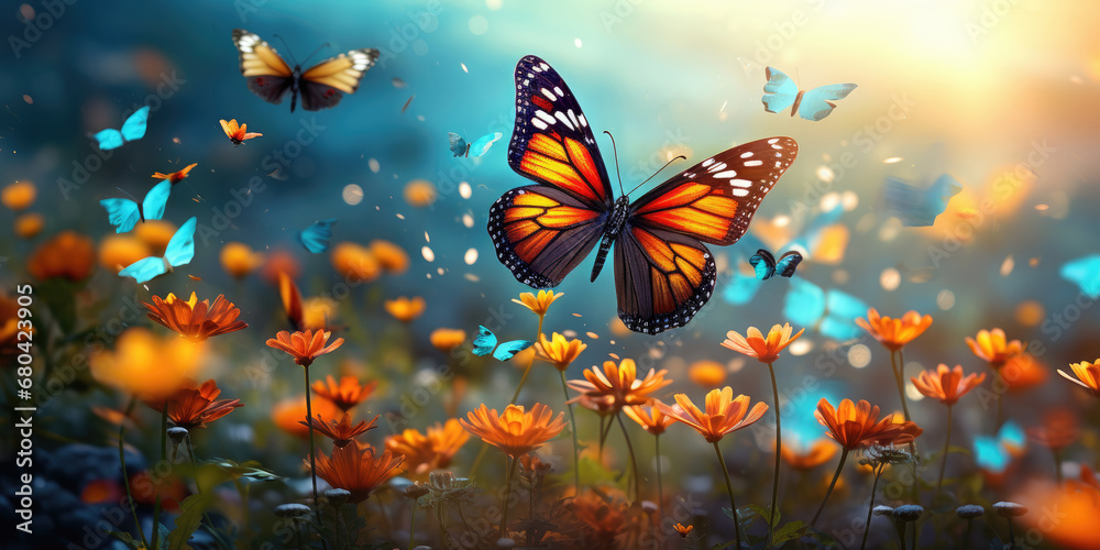 Background valley of flower garden with colorful butterflies - obrazy, fototapety, plakaty 