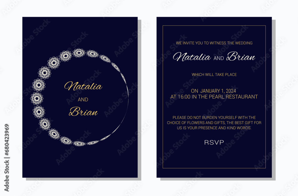 Wedding invitation layout template in winter theme. Design of an invitation card. Vector illustration.