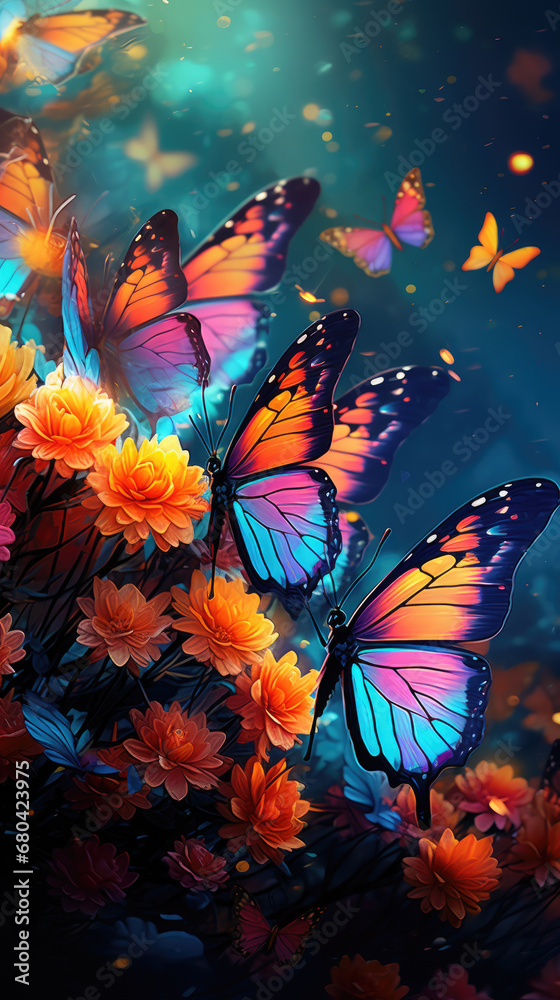 Background valley of flower garden with colorful monarch butterflies Background valley of flower garden with colorful monarch butterflies