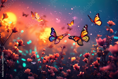 Background valley of flower garden with colorful butterflies