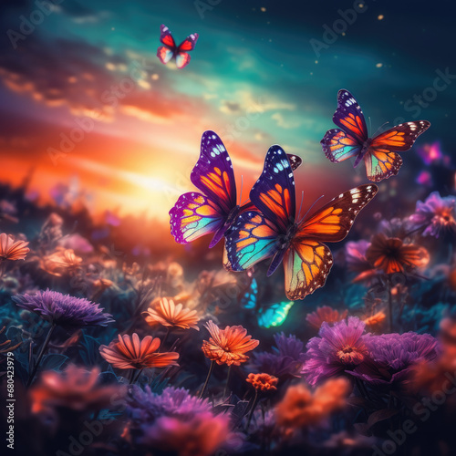 Background valley of flower garden with colorful monarch butterflies © Dinara