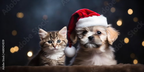Cat and Dog in Santa Claus hat. Christmas Animals and Pets. Cute Little Kitten and Puppy in Santa Hat on Christmas Lights background