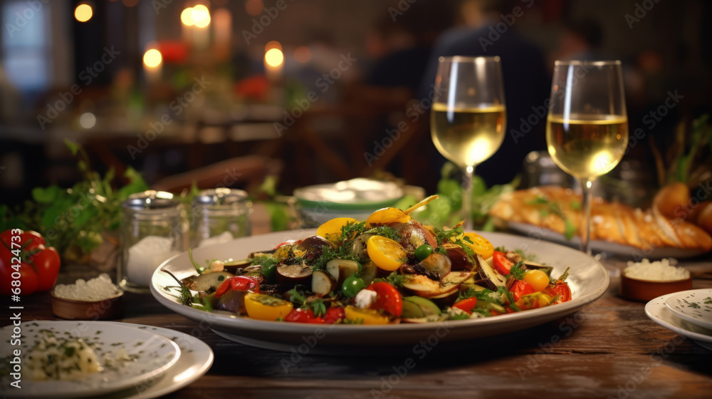 An elegant gourmet restaurant table set with a multicourse meal An elegant gourmet restaurant table set with a multicourse meal