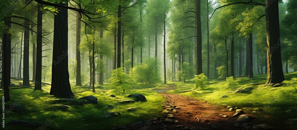 background of the picturesque landscape, a lush and vibrant forest stood tall, with trees adorned in shades of green, filling the wood with a natural beauty that captivated the eyes.