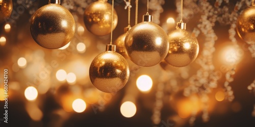 Golden christmas lights background with gold balls. Selective focus, bokeh, copy space, wallpaper, banner