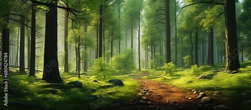 background of the picturesque landscape, a lush and vibrant forest stood tall, with trees adorned in shades of green, filling the wood with a natural beauty that captivated the eyes.