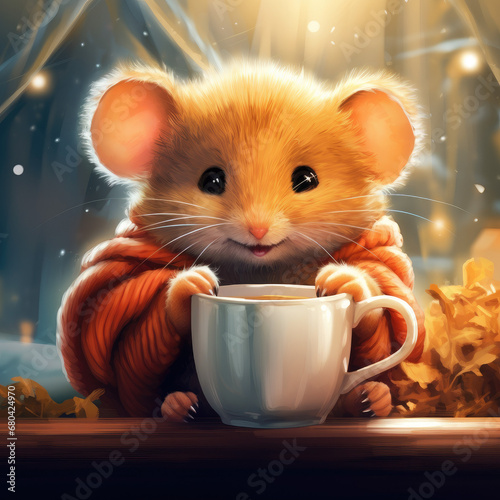 Cute mouse with a scarf and tea. Christmas atmosphere . Generative AI