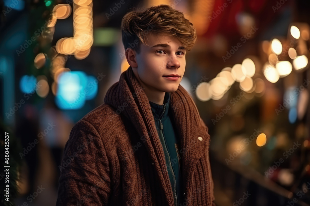 Portrait of a handsome young man in a winter jacket on a city street