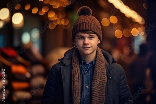 Portrait of a young man in winter clothes, hat and scarf on a background of Christmas lights