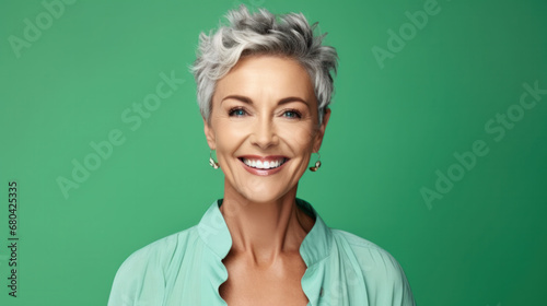 Beautiful blond middle-aged woman smiling in pleasure looking at the camera against a green background with copyspace