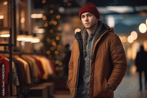 Portrait of a handsome young man in a winter jacket and a red hat standing in a shopping center