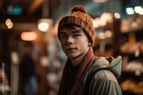 Portrait of a handsome young man in a hat and warm jacket in the city at night © maxa0109
