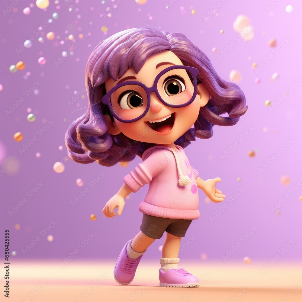 Cartoon character little girl with beautiful hair and eyeglasses