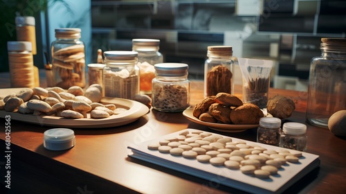 Pharmaceutical research laboratory with advanced equipment and dried mushrooms. Scientists study natural compounds in shrooms for potential medicinal use in prescription drugs. photo