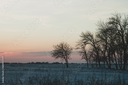 Frosty winter sunset in the field. Beautiful sunset in the snowy desert. Ice and sun.