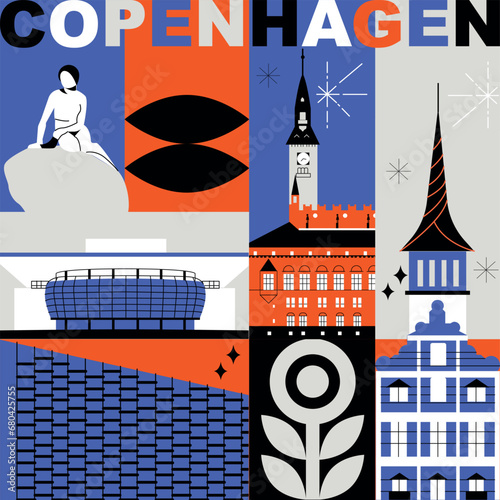 Typography word "Copenhagen" branding technology concept. Collection of flat vector web icons. Culture travel set, famous architectures, specialties detailed silhouette. Denmark famous landmark