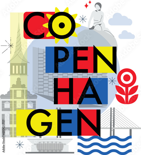 Typography word "Copenhagen" branding technology concept. Collection of flat vector web icons. Culture travel set, famous architectures, specialties detailed silhouette. Denmark famous landmark