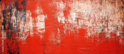 The red brush strokes on the old wall create a colorful and creative abstract art with a grunge texture, giving it a retro and wallpaper-like background.