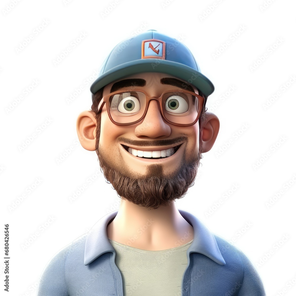 cartoon character smiling man wearing a cap and plaid shirt white isolated background cartoon character smiling man wearing a cap and plaid shirt white isolated background