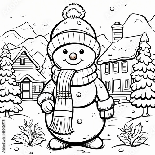 Coloring Page Outline Of Cartoon Snowman Vector Illustration.  photo